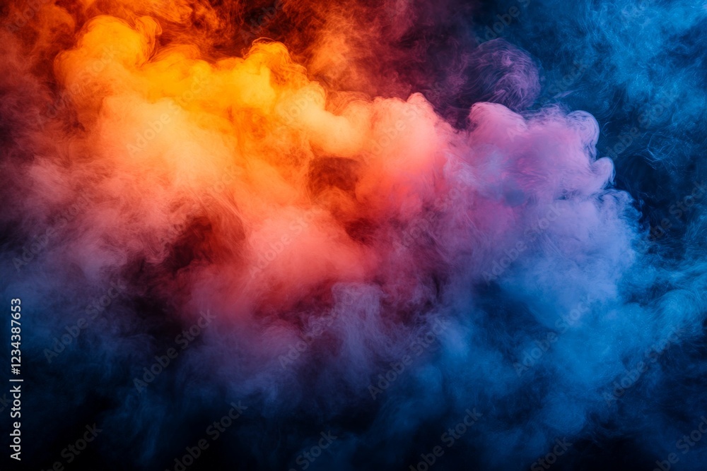 Poster colorful smoke clouds swirl in artistic display during evening performance in a dark setting