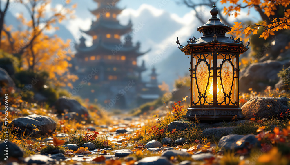 Poster illuminated lantern path autumn temple setting