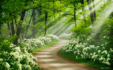 Serene forest pathway covered with delicate white flowers, illuminated by golden sun rays filtering through the dense canopy of trees in a peaceful woodland