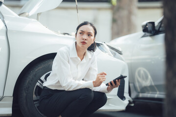 Assessing Car Damage: A focused young businesswoman meticulously examines a damaged vehicle, using...