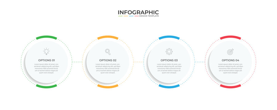 Minimal Business Infographics template. Timeline with 4 steps, options and marketing icons .Vector linear infographic with four circle conected elements. Can be use for presentation