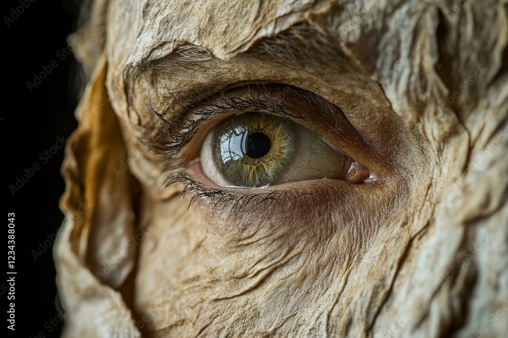 Aufkleber close-up view of an eye revealing intricate texture and details on a weathered surface