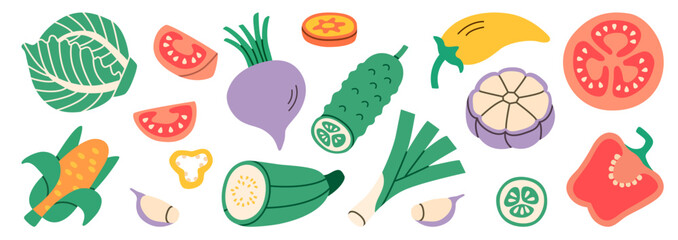 Flat illustration of various vegetables including cabbage, tomato, beetroot, cucumber, corn, zucchini, garlic, bell pepper, chili. Bright, colorful design perfect for healthy food, cooking, projects.