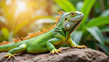 Fototapeta premium Majestic green iguana basking on sunlit rock, tropical serenity