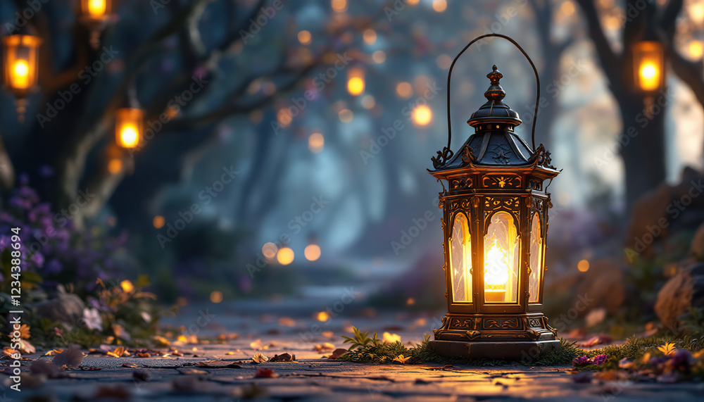 Poster illuminated lantern on path through enchanting forest
