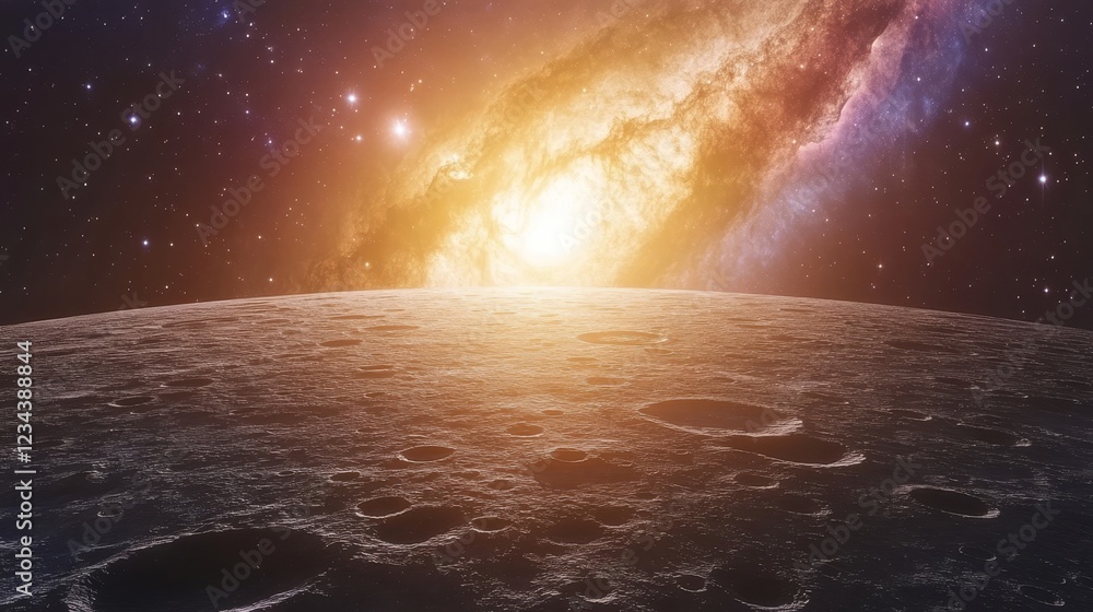 Canvas Prints cosmic dawn. planet surface with craters in front of the bright galactic nebula with the rising sun