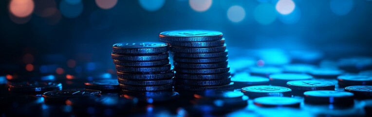 A vibrant display of coins illuminated by neon lights, symbolizing technology and modern finance.