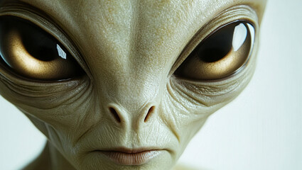 Close-up of Aliens Green Face and Skin. Realistic Macro of Sci-Fi Space Creature with Dark Reptile Eyes. Fantasy Background