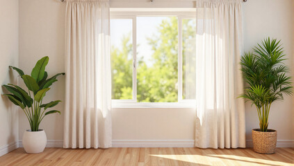 Bright open window with flowing curtains, welcoming spring breeze