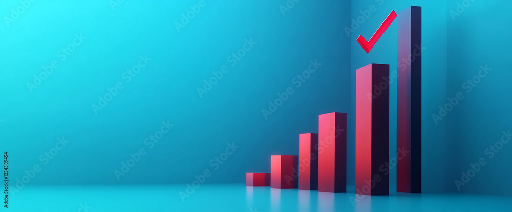 Poster 3d bar chart with red upward trend and checkmark on a blue background, symbolizing growth, success, 