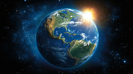 Naklejka premium Earth viewed from space with visible Mexico on one side, a large hurricane swirling in the atmosphere, stars and the Sun illuminating the vast sky, showcasing the beauty and power of our planet from a