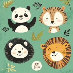 Cute jungle animals, playful illustration, green background, children's book