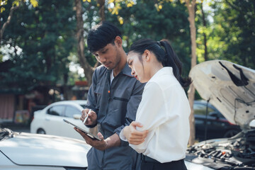 Car Trouble Consultation: A concerned woman discusses car repair details with a mechanic using a tablet, showcasing professional automotive service and customer care.