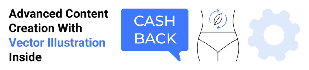 Cashback speech bubble, human torso outline with swimsuit, circular motion symbol, gear icon. Ideal for marketing, e-commerce, discounts, promotions, summer sales health flat landing page banner