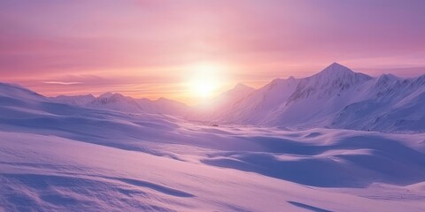 A breathtaking sunset illuminates a snowy mountain landscape in soft pastel colors.