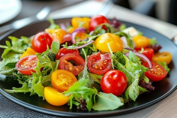Colorful salad with fresh vegetables and vibrant tomatoes served in a modern restaurant