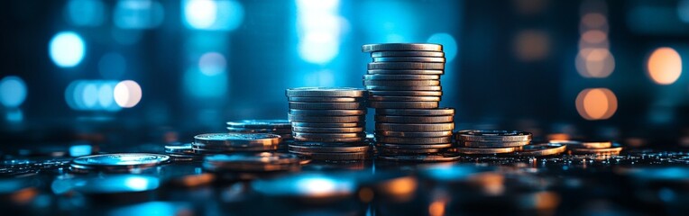A vibrant display of coins illuminated by neon lights, symbolizing technology and modern finance.