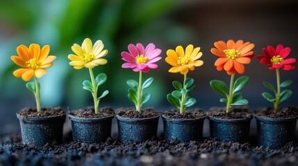 Rainbow of Blooming Flowers in Pots, Vibrant Colors, and Growth Concept