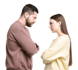 Resentful couple with crossed arms on white background