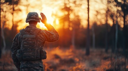 Rear View Of Military Man Saluting Us