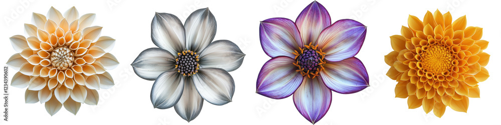 Poster colorful and unique flower designs showcasing vibrant patterns and textures in various shades and sh