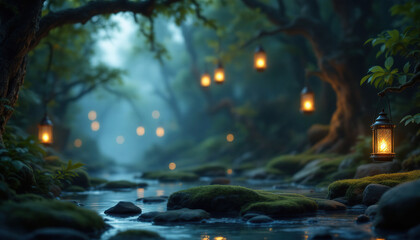 Fototapeta premium Enchanting lanterns illuminate a mystical forest stream
