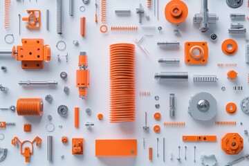 Fototapeta premium various equipment for injection mold and die stamping system including spring, nitrogen gas spring, shock absorber, bush, guide, and ejector pin block set, along with ball retainers in industrial