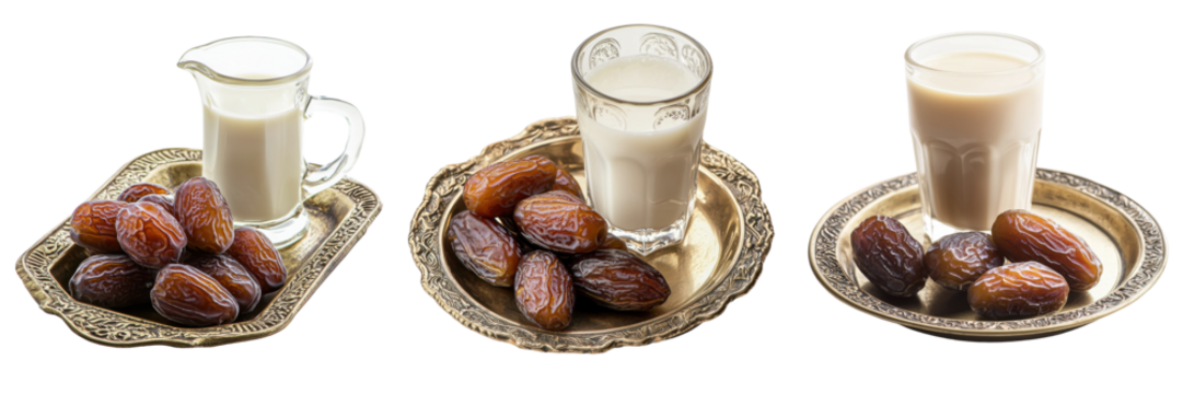Delicious dates served with creamy milk on ornate trays that highlight a traditional Middle Eastern dining experience
