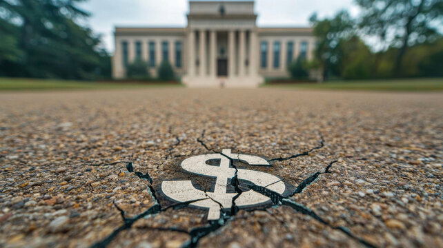 Federal Reserve Interest Rate Cut Themed, Cracked dollar sign on pavement in front of large building, symbolizing economic issues