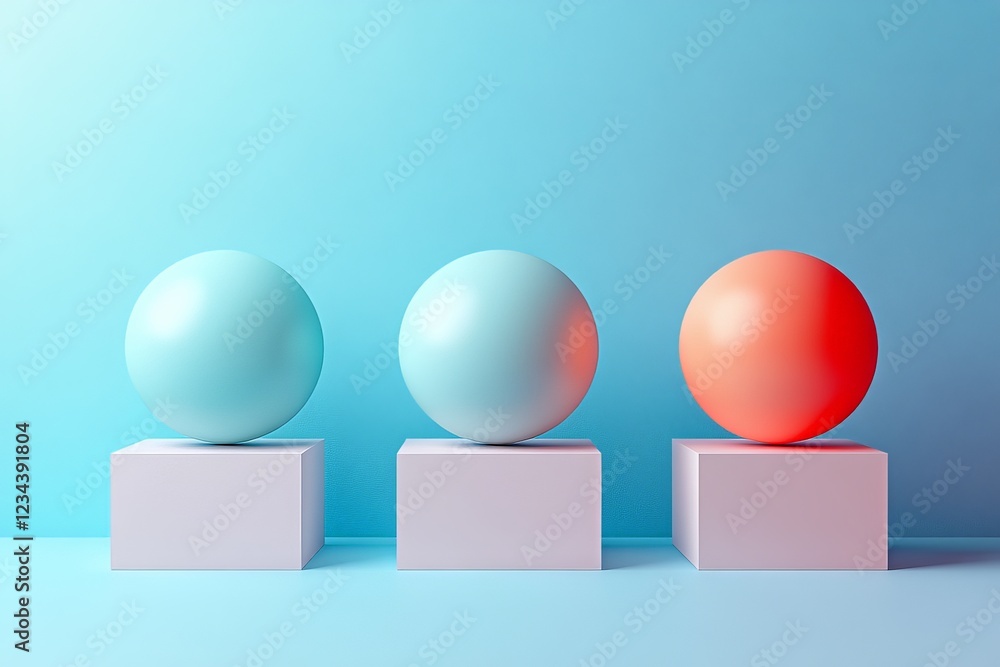 Poster three colorful spheres on pedestals against a light blue background in a creative display