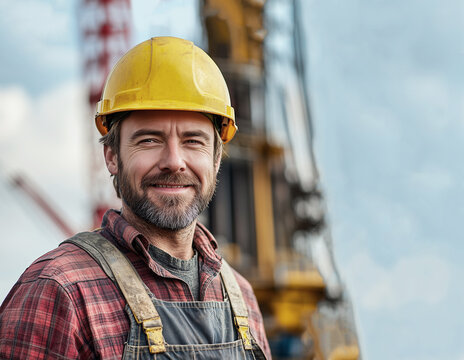 a male geologist oil worker in overalls and a yellow helmet, looking at the camera with a smile, behind him is a drilling rig in bokeh, Environment, Geology, Technology, Heavy machinery, Oilfield