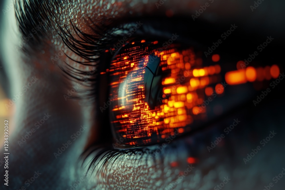 Poster innovative close-up of a human eye displaying digital technology and vibrant patterns during a futur