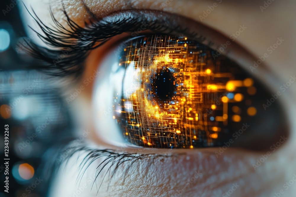Poster eye with digital patterns and bright lights representing technology and innovation in a futuristic s
