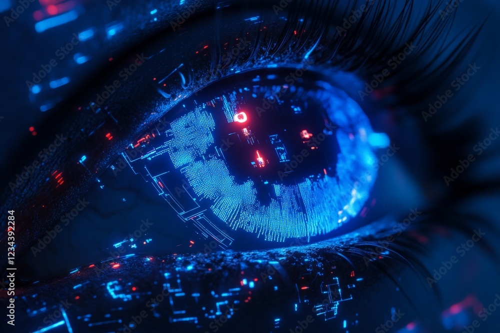 Aufkleber Close-up view of a futuristic eye displaying digital patterns and glowing elements with a technological aesthetic