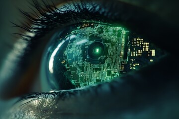 Digital eye with futuristic cityscape reflecting in pupil at nighttime