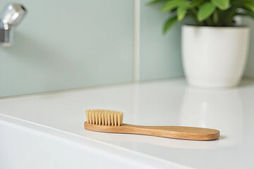 Eco friendly bamboo toothbrush on clean bathroom countertop with plant