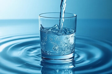 Fresh water pouring into glass, creating ripples in blue liquid