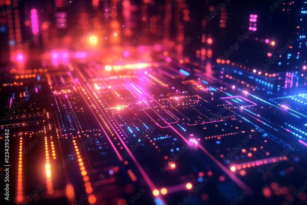 Aufkleber abstract digital landscape featuring vibrant circuits and glowing lights in a futuristic setting