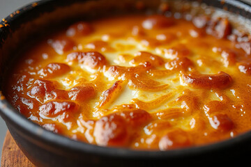 Creamy baked dish with golden crust and bubbling surface, delicious aroma