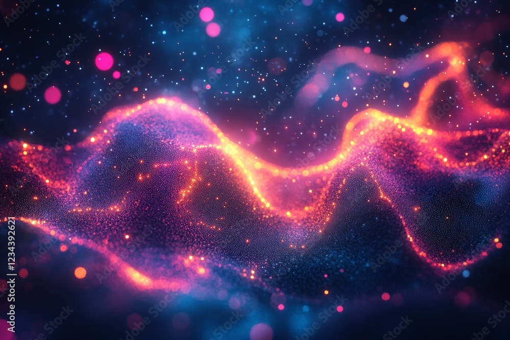 Poster Colorful abstract waves of light create a mesmerizing digital landscape with glowing particles and vibrant colors