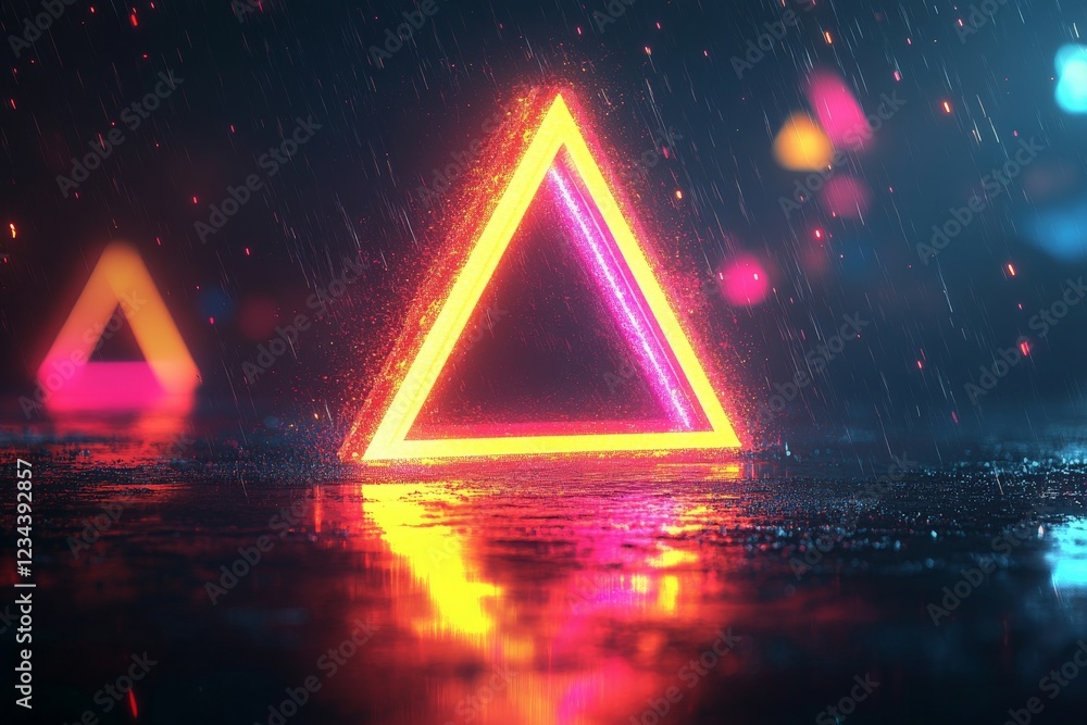 Poster neon triangles glow in the rain on a reflective urban street at night creating a vibrant and atmosph
