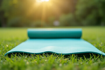yoga mat on green grass with sunlight shining in background, creating peaceful atmosphere for practice