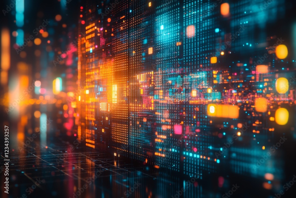 Poster Vibrant digital landscape with bright lights and intricate patterns illuminating a futuristic environment