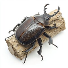Large Rhinoceros Beetle on Natural Wood Log with Detailed Features and Textures Highlighted