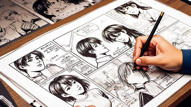 artist drawing storyboard anime comics book manga style featuring anime illustrations