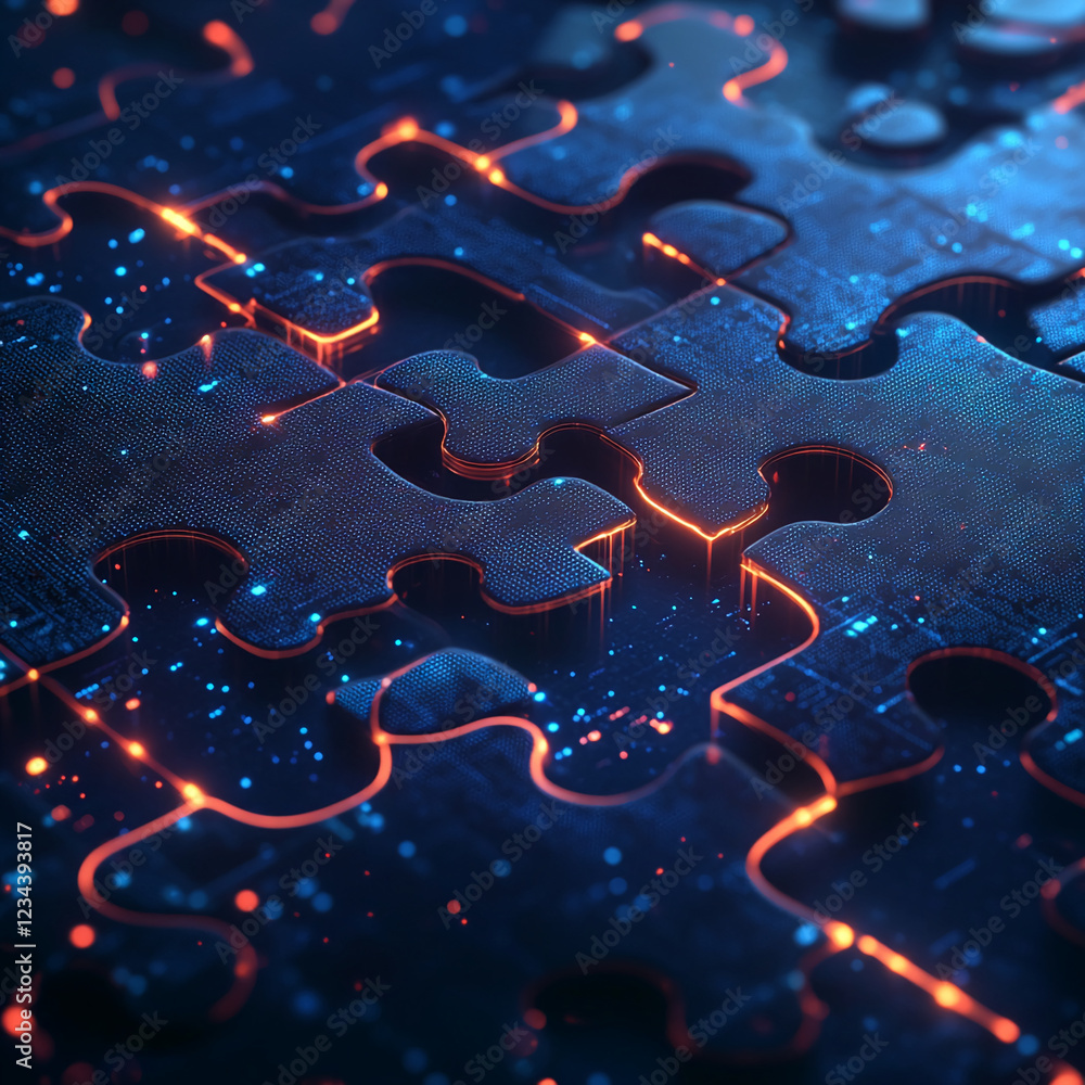 Poster Close-up of interconnected puzzle pieces glowing with futuristic neon lights on a digital grid, symbolizing technological integration, connection, and problem-solving concepts