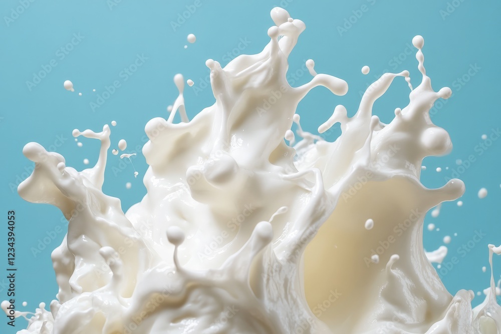 Poster dynamic splash of milk against a bright blue background creates an artistic display of liquid motion
