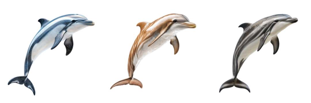 Multiple dolphin figures in varying colors showcase marine life artistry in a creative display