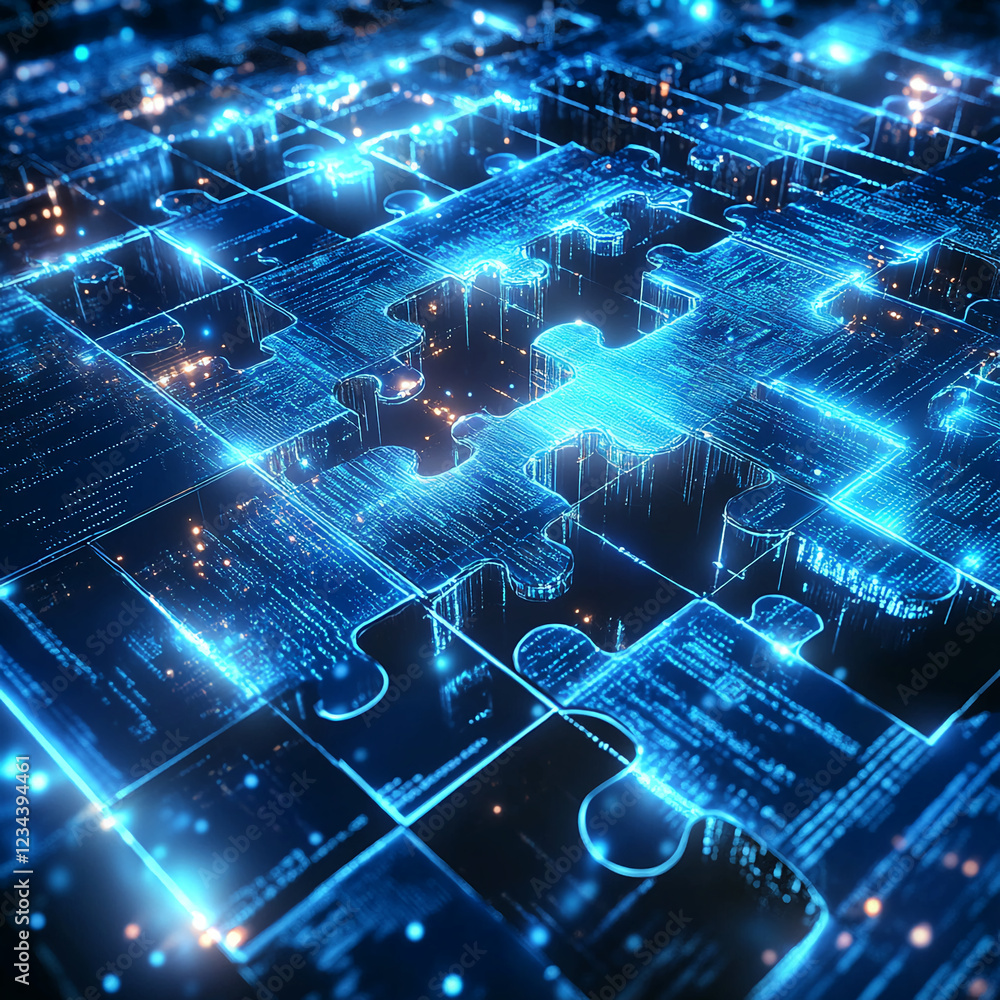 Poster Close-up of interconnected digital puzzle pieces glowing with blue neon lights on a futuristic grid, symbolizing data integration, technology, and problem-solving concepts