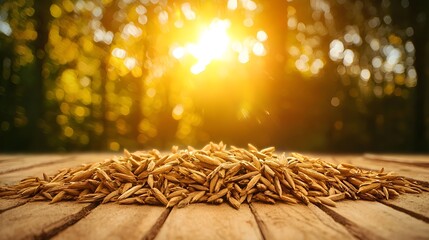 Golden Oat Grains on Wooden Table with Sunlit Background